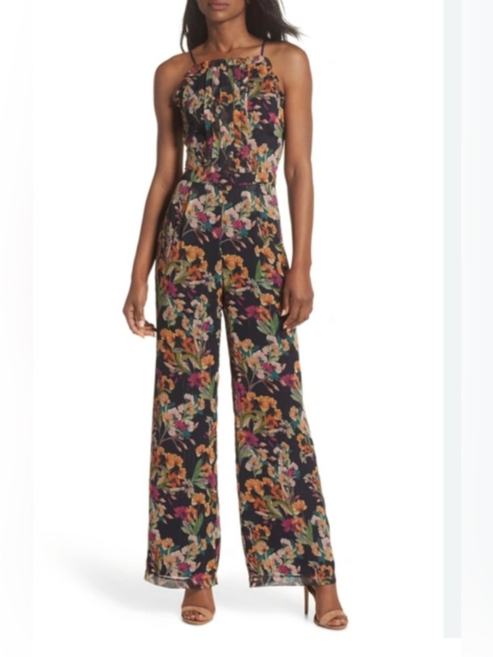 Adelyn Rae Floral Jumpsuit in Navy with Orange & Pink Blooms